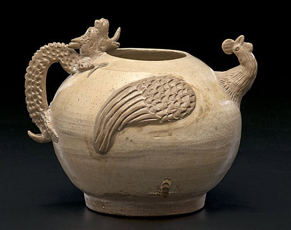Chinese Rooster Pot : Chinese Rooster Pot Chinese, a T'ang Dynasty-style vessel with rooster motif and dragon handle, unmarked; ht. 7.5 in.