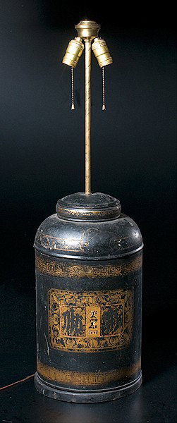 Chinese Tea Canister Lamp : Chinese Tea Canister Lamp Chinese, a tin tea canister lamp with gold painting on black background; ht. 18 in.