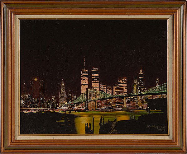 New York Skyline by Elizabeth Santiago, Oil on Board: New York Skyline by Elizabeth Santiago, Oil on Board Elizabeth Santiago, signed and dated 7/7/82 l.r.; 21.75 x 27.75 in.