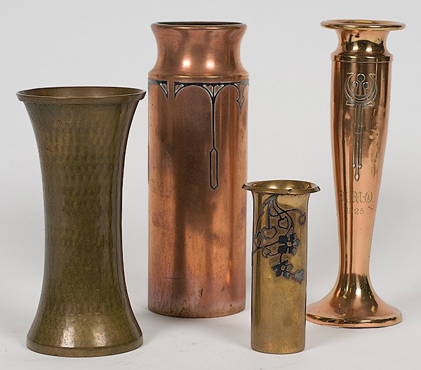 Arts and Crafts Silver on Bronze Vases : Arts and Crafts Silver on Bronze Vases American, early 20th century. A group of three bronze vases, each having silver overlay design, two marked Silver Crest and one unmarked, PLUS a hammered coppe