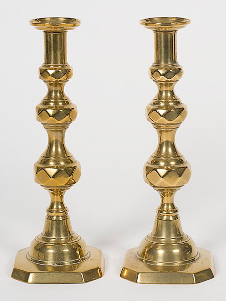 English Brass Candlesticks : English Brass Candlesticks English, ca 1840-1860. A pair of Jack of Diamonds brass candlesticks raised on octagonal plinth bases; ht. 11.5 in.