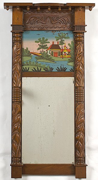 Federal-style Mirror : Federal-style Mirror American, a Federal-style mirror with reverse painted glass panel and foliate carved columns; lg. 33, wd. 14 in.