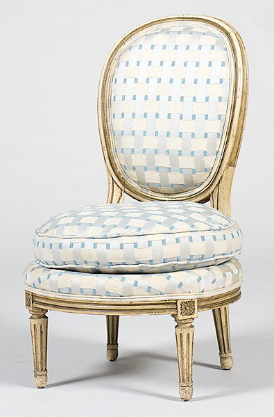 Louis XVI-style Slipper Chair : Louis XVI-style Slipper Chair French, a Louis XVI-style slipper chair in gilded and painted beech wood, with an oval backrest above a round fronted seat, raised on short fluted legs headed by patera