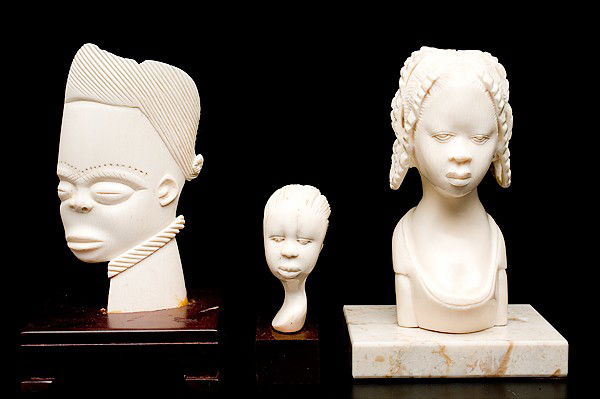 African Ivory Female Busts : African Ivory Female Busts African, includes three carved ivory female busts, two on 20th-century wooden stand and one on marble base, which is signed Mayoke on the back; tallest ht. 6 in.