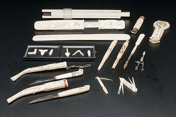 Ivory Desk Items, Plus : Ivory Desk Items, Plus a large assembled group of fifteen ivory desk items and scientific instruments, including a pair of cased ivory letter openers, a bone carved letter opener, two compasses, an 