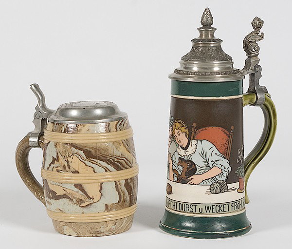 Mettlach Beer Steins : Mettlach Beer Steins German, two Mettlach beer steins including a .5L stein depicting a man, woman, and dog eating and drinking at a table with German inscription, marked Mettlach / 3254 and a .5L s