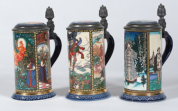 Mettlach Russian Fairy Tales Steins : Mettlach Russian Fairy Tales Steins German, 20th century. Three Mettlach Russian Fairy Tales steins including The Snow Maiden / 1526, The Red Knight / 1527, and Tsarevich Ivan and the Beautiful Cast