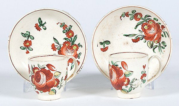 English King Rose Creamware Cup and Saucers : English King Rose Creamware Cup and Saucers English, two creamware cups with matching saucers in the "King's Rose" pattern, unmarked; dia. of saucer 5 in., ht. of cup 2.5 in.