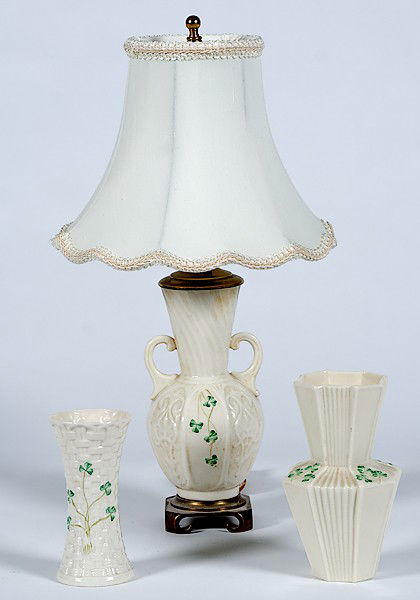 Irish Belleek Porcelain Lamp, Plus : Irish Belleek Porcelain Lamp, Plus Irish, an Irish Belleek porcelain lamp with green clovers, unmarked, PLUS two vases, one dated 2000, both decorated with green clovers and marked with the Belleek