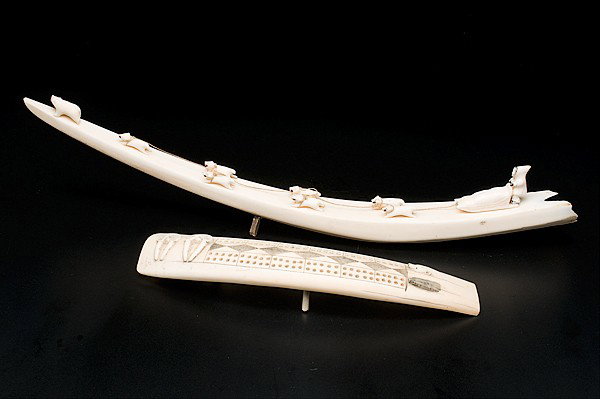 Eskimo Carved Walrus Ivory Tusks : Eskimo Carved Walrus Ivory Tusks includes one tusk with bear hunt, lg. 26 in.; cribbage board lg. 14.