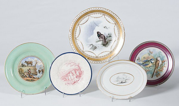 English Plates : English Plates English, an assembled group of five plates, all with various hand-painted or transfer designs, one marked Minton on bottom; largest dia. 9 in.