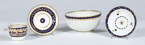 English Tablewares : English Tablewares English, 19th century. Assembled group of tablewares including a Derby bowl marked with crown above crossed batons and "D" below and numeral 39, plus two Caughley saucers marked w