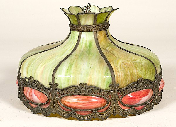 Slag Glass Hanging Shade : Slag Glass Hanging Shade American, 20th century, a hanging shade with mottled green and mottled red glass with metal overlay; ht. 14, dia. 23 in.