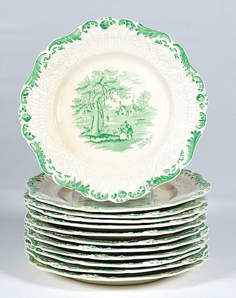 English Stoneware Plates : English Stoneware Plates English, twelve stoneware plates by Ridgways with green and white scenes entitled Outside the School House from Charles Dickens Old Curiosity Shop, marked Ridgways / Humphre