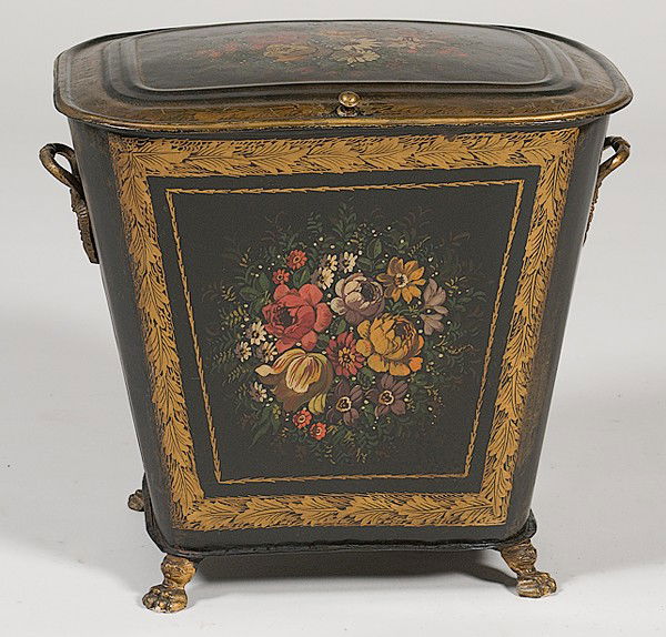 Painted Tole Coal Hod : Painted Tole Coal Hod English, ca 1850-1870. A Late Regency-style painted tole coal hod with hinged top over a tapering rectangular body fitted with cast handles, painted with polychrome floral bouq