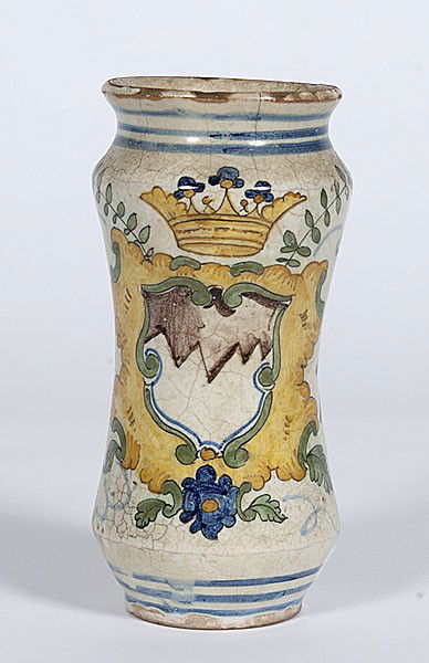Polychrome Earthenware Vase : Polychrome Earthenware Vase Late 19th/early 20th century, polychrome decorated earthenware vase with shield and birds, with painted inscription Fe 1777 on side; ht. 8.5 in.
