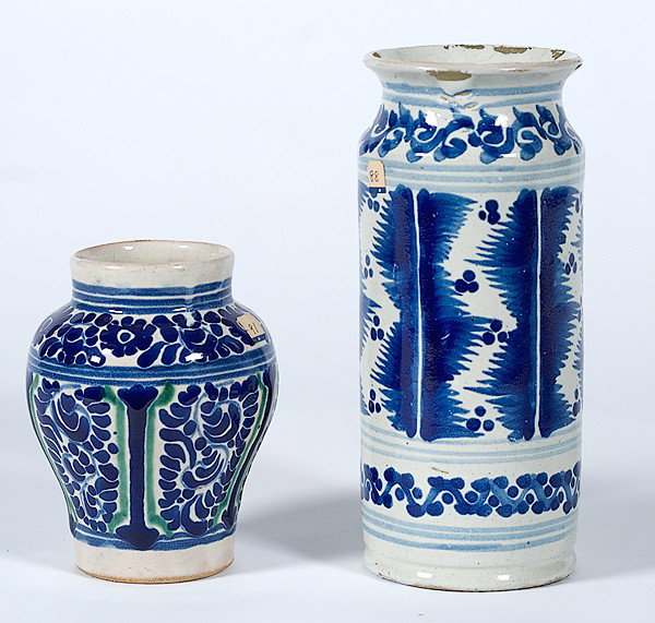 Islamic Vases : Islamic Vases Islamic, includes two vases, each with blue and white glaze, unmarked; largest ht. 9.5 in. Originally collected by Frederick A. Ruf, 19th century St. Louis pharmacist and founder of 