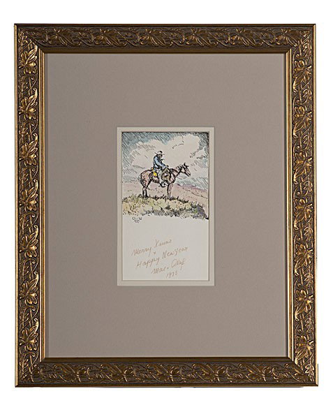 Olaf Wieghorst (Danish, 1899-1988) : Olaf Wieghorst (Danish, 1899-1988) Merry Xmas + Happy New / Year Mae + Olaf / 1975 pen, ink, and watercolor on paper signed l.l. 7.25 in. x 4.25 in.