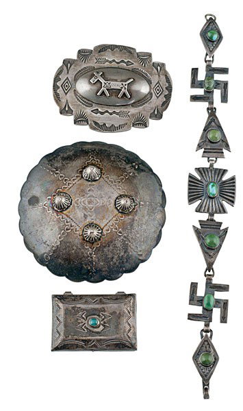 Navajo Silver Curio Items : Navajo Silver Curio Items lot of 4. Each with typical curio stamps of arrows, a horse, or whirling logs. Lot includes a link bracelet with cutout symbols, 8 in.; PLUS a pill box marked Mg on reverse