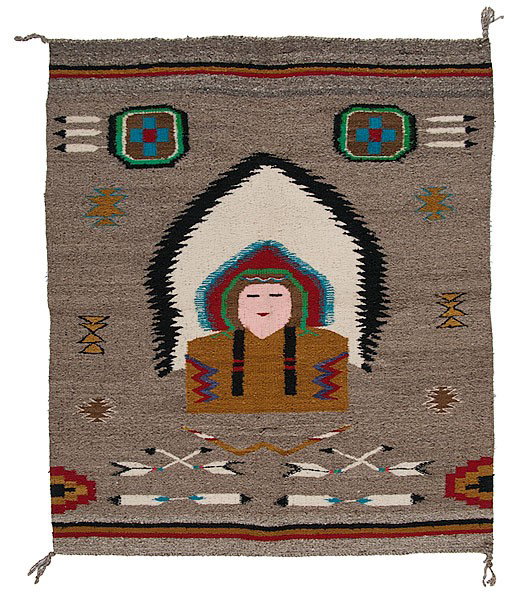 Navajo Pictorial Weaving : Navajo Pictorial Weaving hand-spun and commercial wool in colors of pink, blue, black, gray, green, and brown; central image depicts a Chief with bows and arrows situated below, 40 in. x 33 in. ca 1