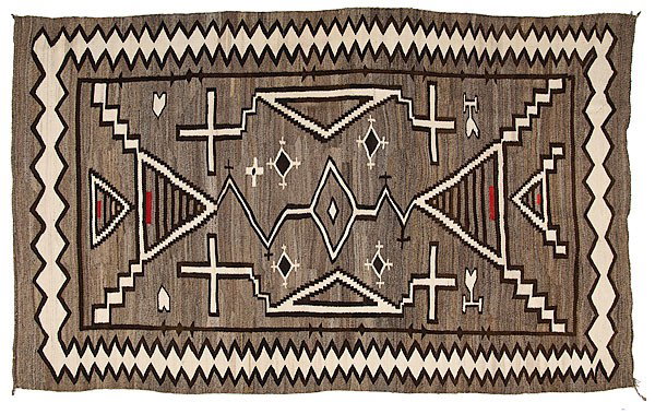 Navajo Eastern Reservation Room-Size Weaving : Navajo Eastern Reservation Room-Size Weaving hand-spun wool woven using browns, cream, and red; intricate pattern of chevrons, zigzags, diamonds, and striped triangles; stacked diamond border, 118 i