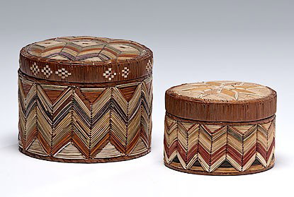 Micmac Quilled Boxes : Micmac Quilled Boxes lot of 2, quilled using colors of red, red, yellow, purple, cream, and orange; larger box with diamond and zigzag pattern, height 4 in. x diameter 5.25 in.; smaller box with sta