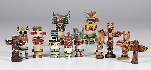 Route 66 Katsinas and Totems : Route 66 Katsinas and Totems lot of 12, including seven katsinas, one buffalo dancer, and four carved and painted miniature totem poles, average height 5.5 in. mid-20th century