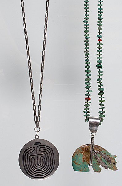 Pueblo Necklaces : Pueblo Necklaces Lot of 2. Includes a turquoise nugget necklace with large turquoise bear pendant, length 36 in.; AND a silver pendant with a maze motif on each side suspended from a silver chain, l
