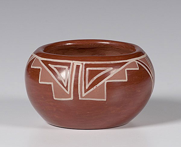 Santa Clara Redware Bowl Signed Margaret : Santa Clara Redware Bowl Signed Margaret painted with stepped designs hanging from rim; signed Margaret, height 3 in. x diameter 5.25 in. mid-20th century