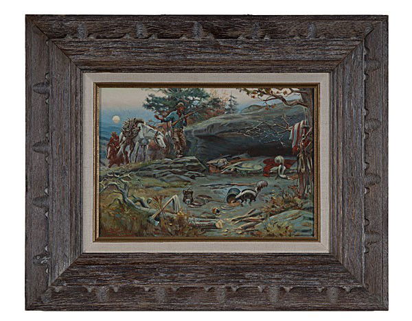 Fuentes de Salamanca : Fuentes de Salamanca Invaded Campsite oil on canvas signed l.l. 9 x 13 in. Ex Property Reserve National Insurance Company, Oklahoma City, OK.