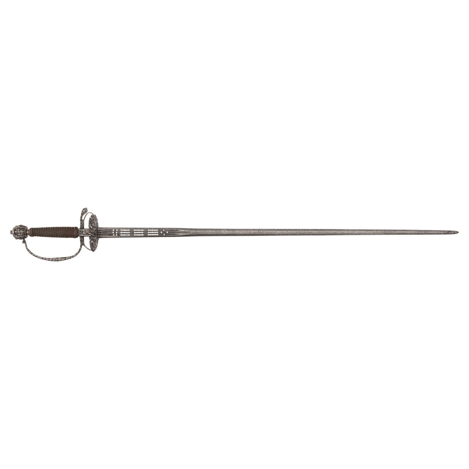 Finely Chiseled 17th Century Dutch Steel Hilt Court Sword: 31" blade length. 38" overall with hilt. Double edged spear tip small sword with three 8" central fullers and double offset ridges to both sides of hexagonal blade. Fullers feature finely chiseled pie