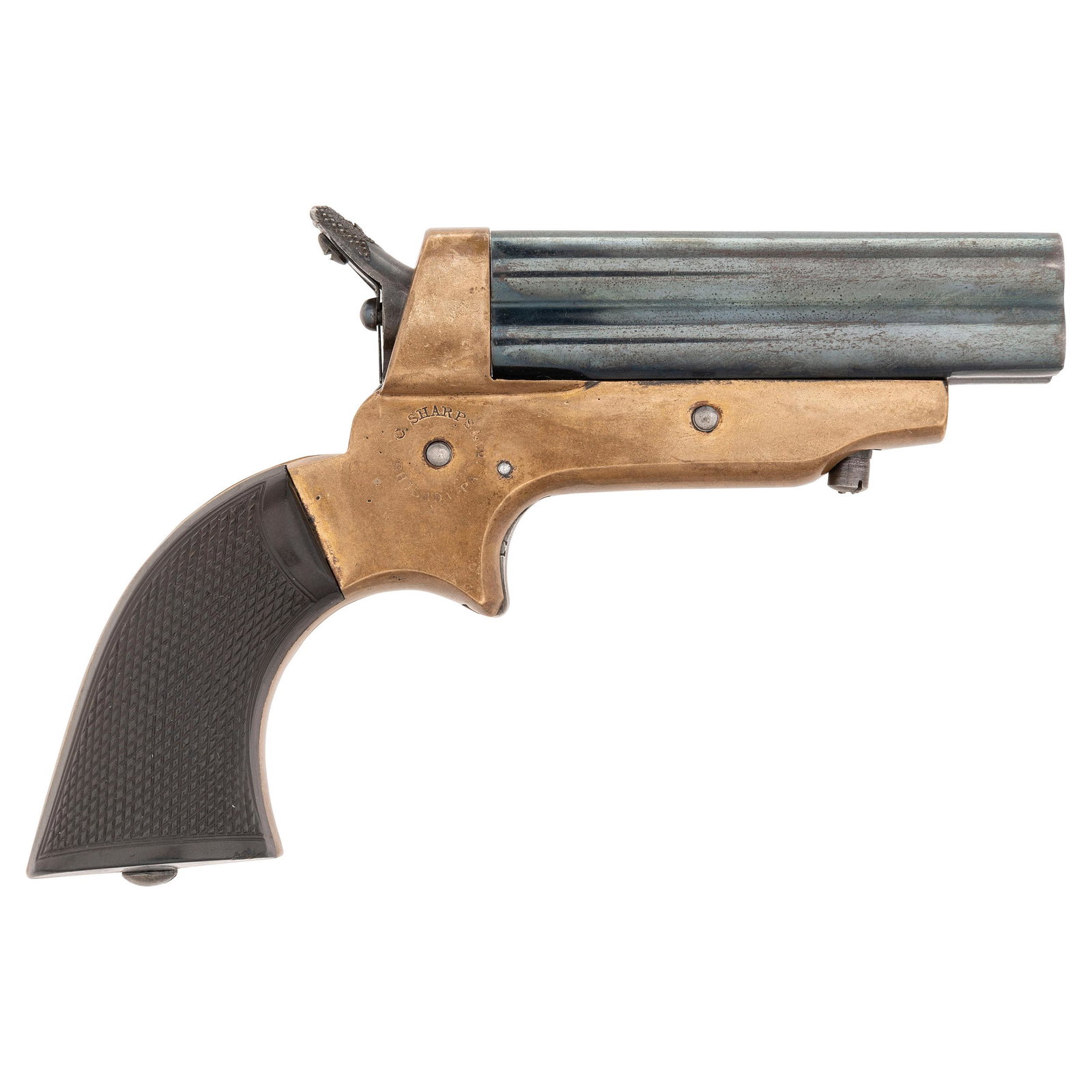 Fine Sharps Model 2A Pepperbox Pistol: .30RF caliber. 3" 4-barrel cluster. SN: 20175. Blued barrels, silver plated brass frame, checkered gutta-percha grips. Single action, 4-shot cartridge pepperbox with rotating firing pin on hammer face