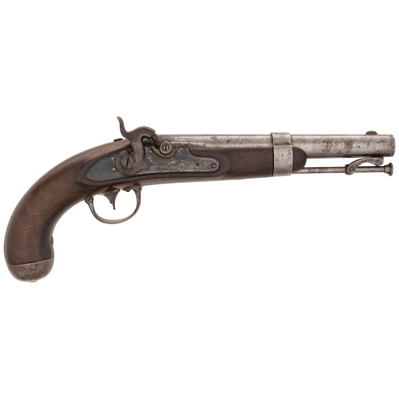 Confederate Fayetteville Alteration of a US Model 1836 Pistol: .54 caliber. 8.5" round barrel secured by a single iron band. SN: NSN. Bright finish, color casehardened lock, iron furniture, walnut stock. Single shot, smoothbore percussion alteration of a flintloc