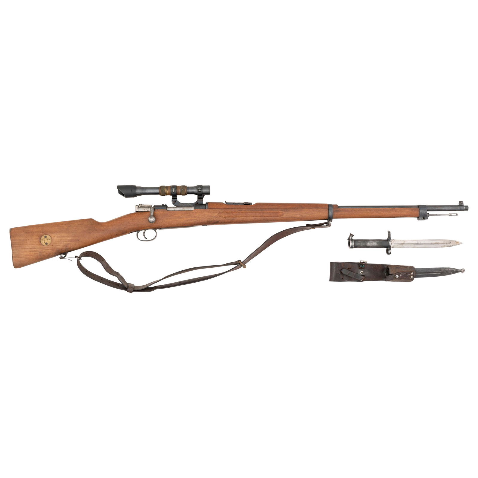 ** Carl Gustafs Swedish Mauser M/41 Sniper Rifle with AGA Scope and M1896 Bayonet: 6.5x55mm Swedish. 29" barrel length. SN: 1322-2. Bolt action M/41 sniper variant of an 1896 Long Rifle with Swedish AGA 3x65 scope that is with front lens cover and rubber eye piece. Blued metal finis