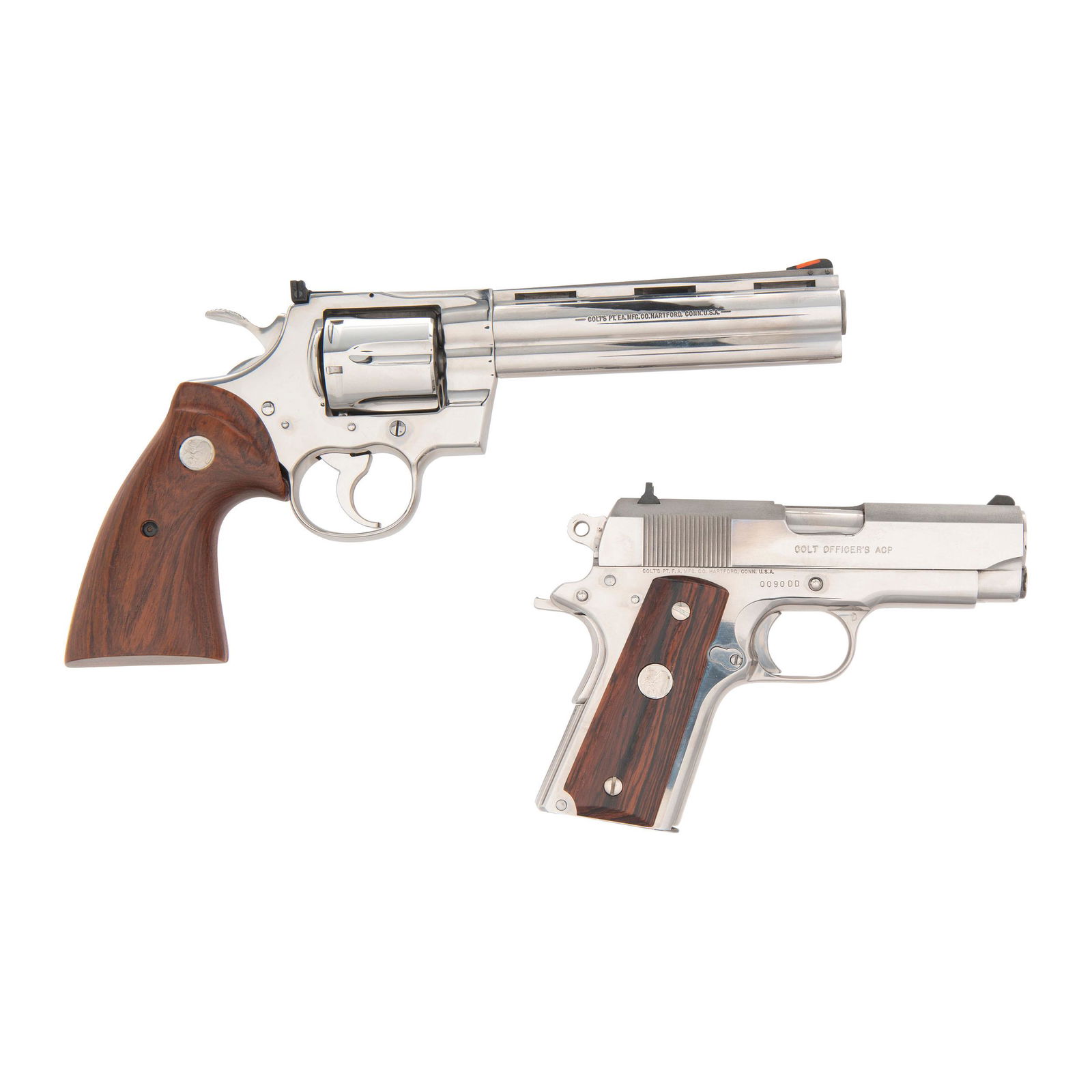 * Colt Double Diamond Matched Pair With Display Case: 1. .45 ACP. 3.675" barrel length. SN: 0090DD. Single-action short-recoil autoloading commemorative pistol with fixed sights. Item shows Colt's ultimate stainless steel finish with stippling to top of