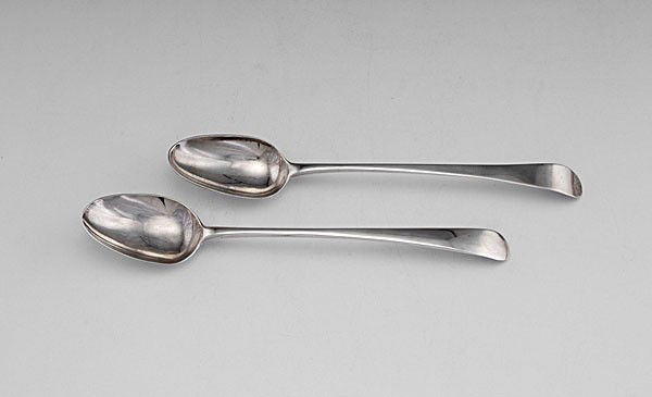 Hester Bateman Stuffing Spoons : Hester Bateman Stuffing Spoons English, one dated 1776-1777, the other dated 1788-1789, two Georgian sterling silver stuffing spoons, each with marks for London and "H.B." for Hester Bateman (1704-1