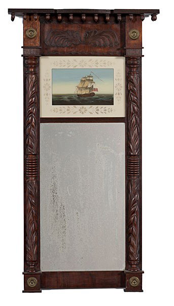 Federal Mirror : Federal Mirror American, ca 1830, a Federal mirror having a cornice with ball pendants over a tablet with reverse painted ship, flanked by carved columns; ht. 41.25, wd. 22 in.