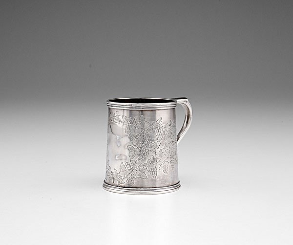 Boston Sterling Silver Mug : Boston Sterling Silver Mug Boston, Massachusetts, ca 1840-1860, a silver handled cup with engraved decoration, marked Shreve Brown & Co. / Boston / 925 Sterling; ht. 3.5 in., wt. 5.93 ozt (184.5g).�