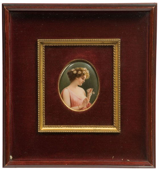 KPM Porcelain Plaque of Marguerite, signed Wagner : KPM Porcelain Plaque of Marguerite, signed Wagner German, 19th century. A KPM oval porcelain plaque depicting Marguerite with wreath of daisies, marked on verso Marguerite, artist signed Wagner; pla