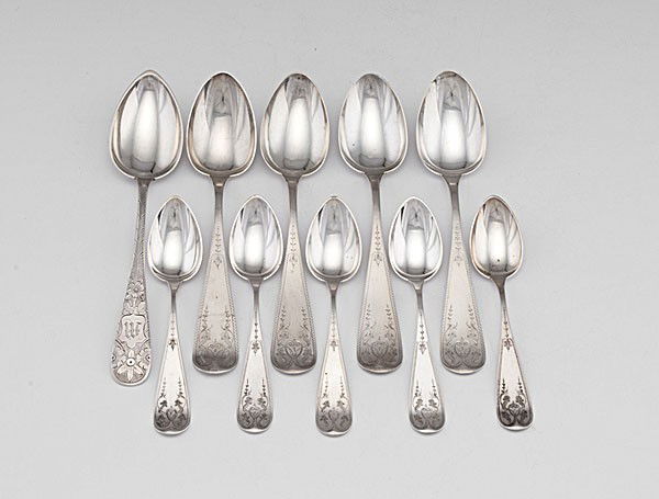 Duhme Sterling Spoons : Duhme Sterling Spoons Cincinnati, Ohio, an assembled group of sterling spoons including five teaspoons marked Duhme & Co., four tablespoons marked Duhme & Co. / Sterling / 925, and one serving spoon