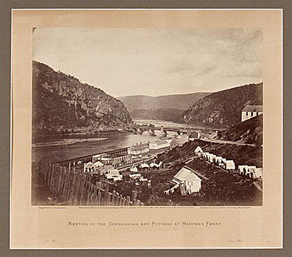 Alexander Gardner Albumen Photo, Harpers Ferry: Alexander Gardner Albumen Photograph, Meeting of the Shenandoah and Potomac at Harpers Ferry Albumen photograph with the following printed on mount below image: Negative by J. Gardner/ Positive by A