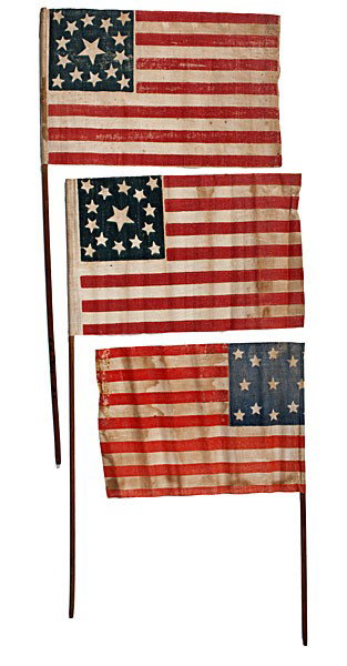 Fine Group of 13-Star and 15-Star American Parade F: Fine Group of 13-Star and 15-Star American Parade Flags Lot of 3 glazed cotton, printed parade flags mounted on wooden dowels, including: one 13-star flag, with one star at center surrounded by a ri