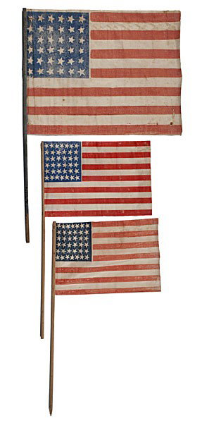 Group of 36 and 38-Star American Parade Flags : Group of 36 and 38-Star American Parade Flags Lot of 3 glazed cotton, printed parade flags mounted on wooden dowels, including: one 36-star flag, with stars configured in 6/6/6/6/6/6 horizontal rows