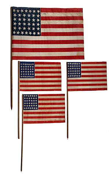 38-Star American Parade Flags : 38-Star American Parade Flags Lot of 4 glazed cotton, printed parade flags, each with 38 stars configured in 7/6/6/6/6/7 horizontal rows, with three measuring 6.75 x 9.75 in., the fourth measuring 1