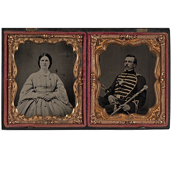 Double Sixth Plate Ruby Ambrotypes of Civil War Dr: Double Sixth Plate Ruby Ambrotypes of Civil War Drum Major & Wife A fine portrait of an unknown early war bandsman cradling a M1850 Foot Officers sword and silver headed Drum Major's Baton. He wears