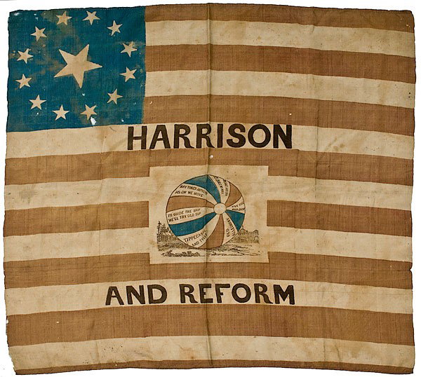 William Henry Harrison Campaign Flag Banner : William Henry Harrison Campaign Flag Banner Red, white, and blue printed silk flag banner, 25.5 x 28 in., with legend in brown ink: Harrison and Reform, printed between red stripes. Motifs of large 