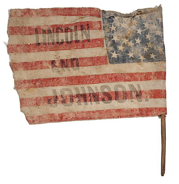 Lincoln and Johnson Campaign Flag : Lincoln and Johnson Campaign Flag Polished cotton, printed campaign flag, presumably with 35-stars, although some have faded, bearing a legend in black across red and white stripes of flag: Lincoln 