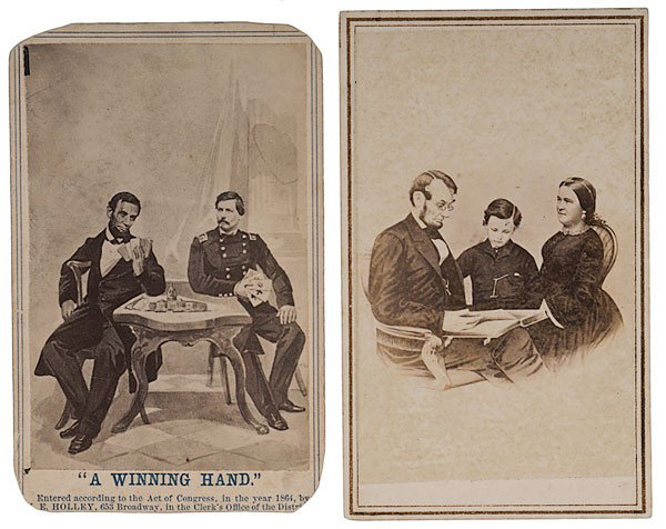 Unusual Abraham Lincoln Composite CDVs : Unusual Abraham Lincoln Composite CDVs Lot of 2 cdvs, including a rare view of Abraham Lincoln posed not only with Tad, but also Mary Todd, looking at an album, no studio imprint. This composite ima