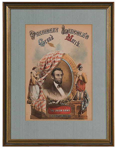 President Lincoln's Grand March, Rare Color Cover : President Lincoln's Grand March, Rare Color Cover A hand colored cover of the sheet music for President Lincoln's Grand March, by F.B. Helmsmuller, copyrighted 1862 by E.A. Daggett. Professionally f