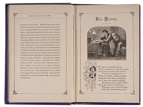 Edgar Allan Poe, The Raven Illustrated, 1870? : Edgar Allan Poe, The Raven Illustrated, 1870? Poe, Edgar A. The Raven. New York: W. Jennings Demorest, n.d., but ca 1870. 24mo, purple blindstamped cloth, gilt front and page edges, [20pp unnumb.], 